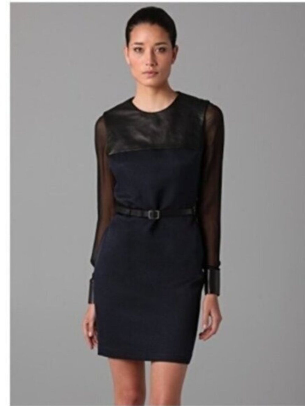 Yigal Azrouel | Cloque Silk Wool Blend Leather Trim Long Sleeve Dress Navy Blue